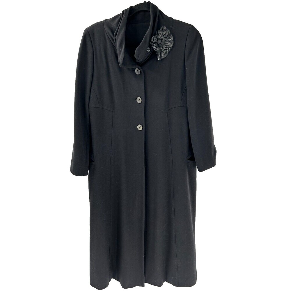 Women's Rina Zin Black Lagenlook Button Front Coat With Flower Brooch Size S